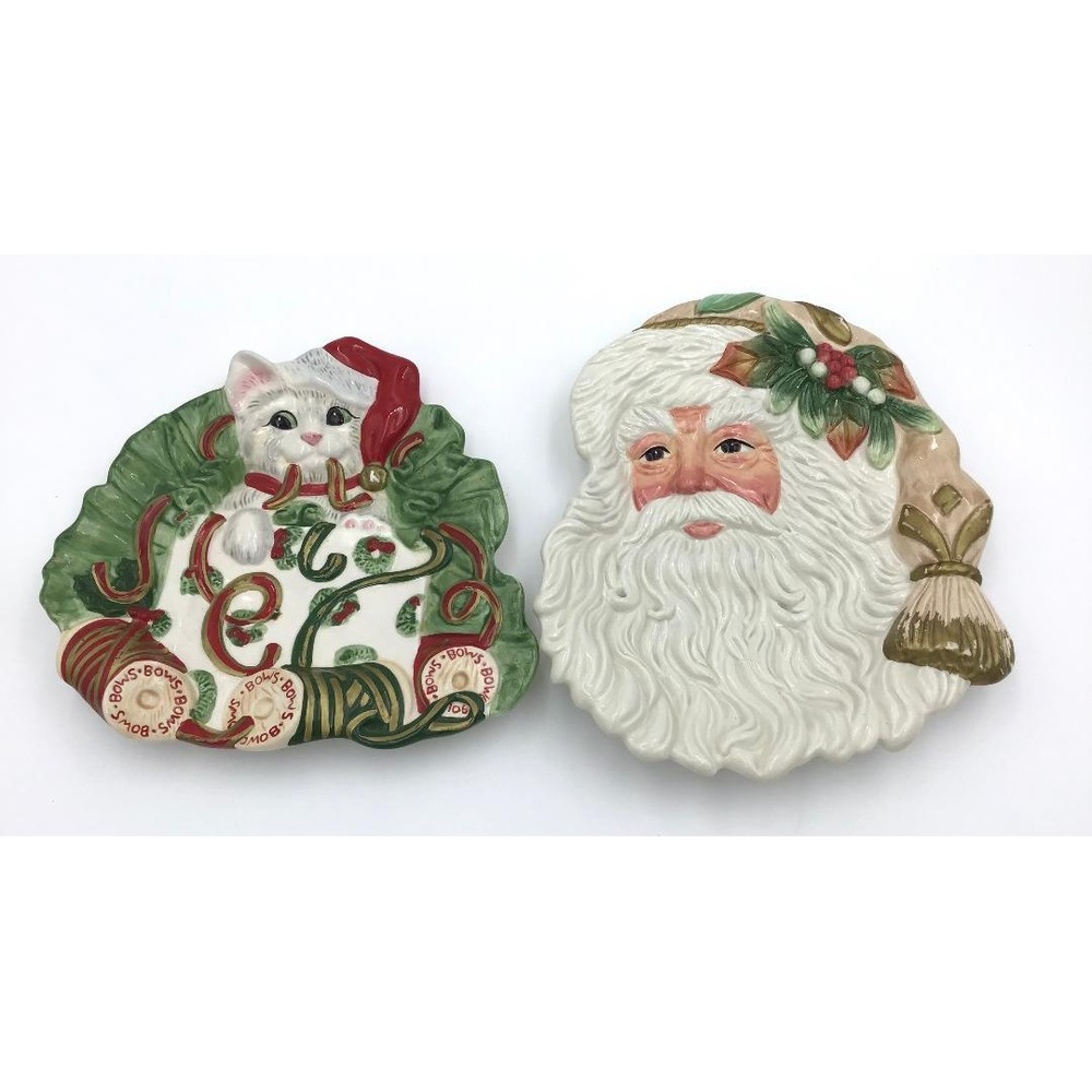 Vintage Fitz and Floyd Ceramic Christmas Plate Set Santa Claus & Holiday Kitten